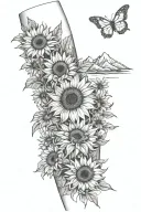 Sleeve, sunflowers, wildflowers, river, mountains tattoo design idea