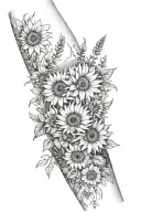 Sleeve, sunflowers, wildflowers, river, mountains tattoo design idea
