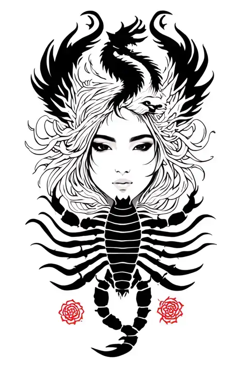 sillouette of a woman’s face serene and powerful. A scorpion shaping her chest reincarnate phoenix and dragon japanese tattoo design idea