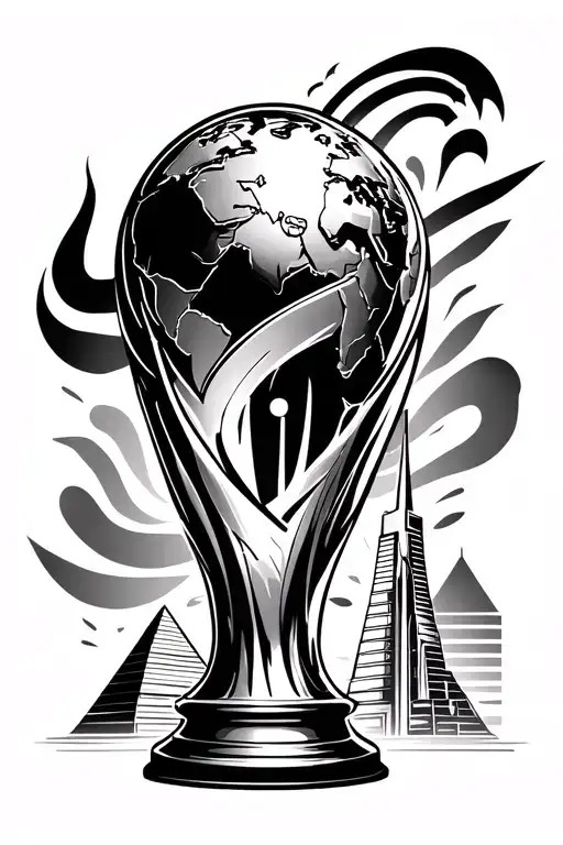 World Cup trophy surrounded + burj Kalifa+piramides de Egipto tattoo design idea