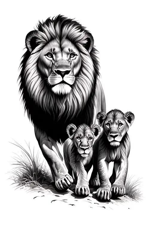 dad lion with 2 cubs following tattoo design idea