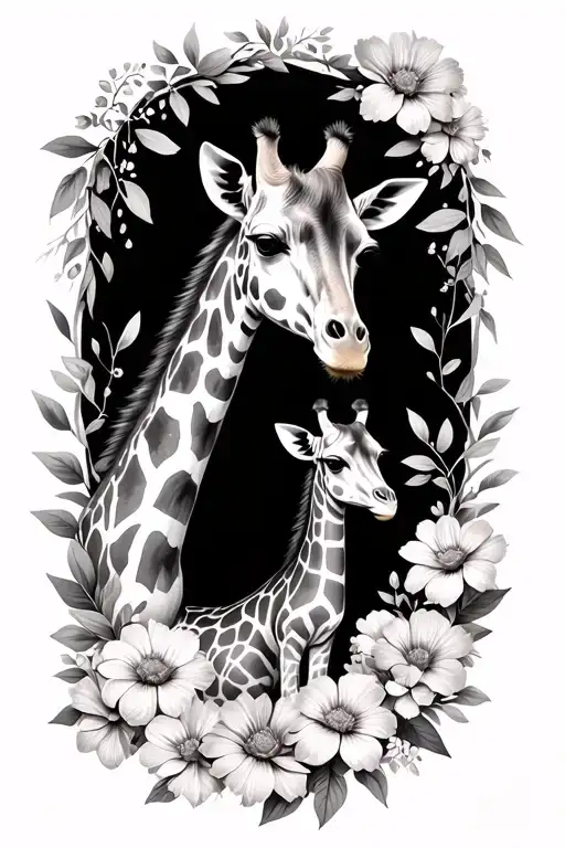 mum and son giraffe surrounded by flowers tattoo design idea
