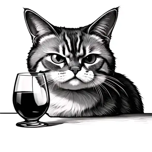 grumpy cute cat lookin through wine glass tattoo design idea