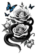 snake wrap around rose and tulips and butterflies flying tattoo design idea