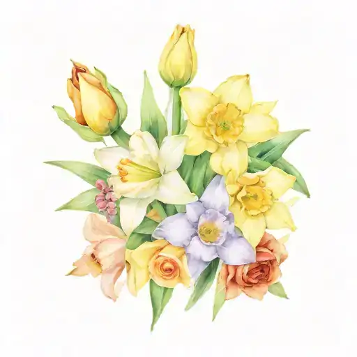 Color floral, daffodil, and Halle Berry bouquet with geometric background tattoo design idea