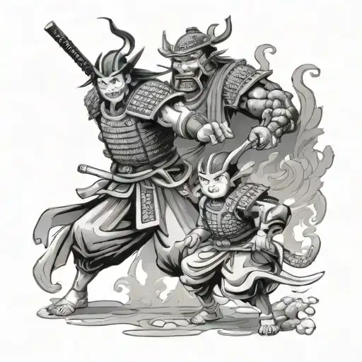 Samurai family fighting demon in Forrest father samurai protecting kids tattoo design idea