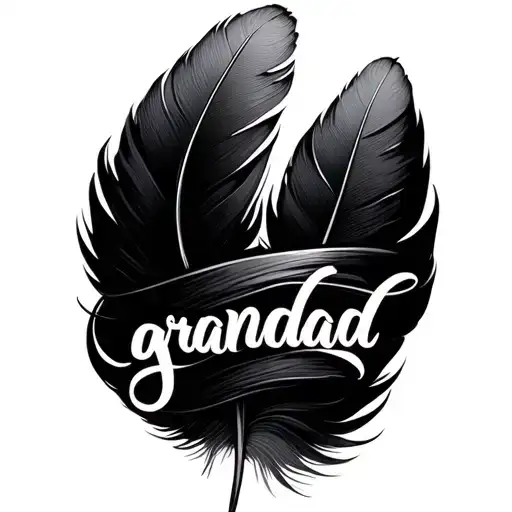 cockatoo feather wrapped around the text "grandad" with a nice script  tattoo design idea