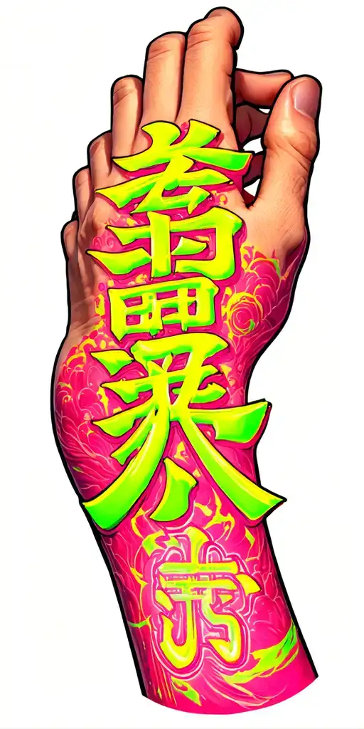 4 letter vertical kanji characters, back of an arm, cyberpunk neon style tattoo design idea