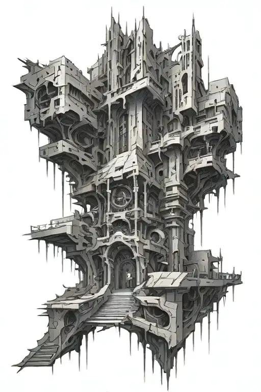 dark fantasy architecture cybercore cybersigilism tattoo design idea