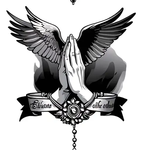 Praying Hands, Rosary, Dove, Black and Gray tattoo design idea