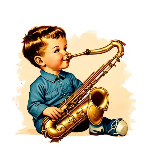 american traditional style toddler boy 1950s sitting playing a toy saxophone  tattoo design idea