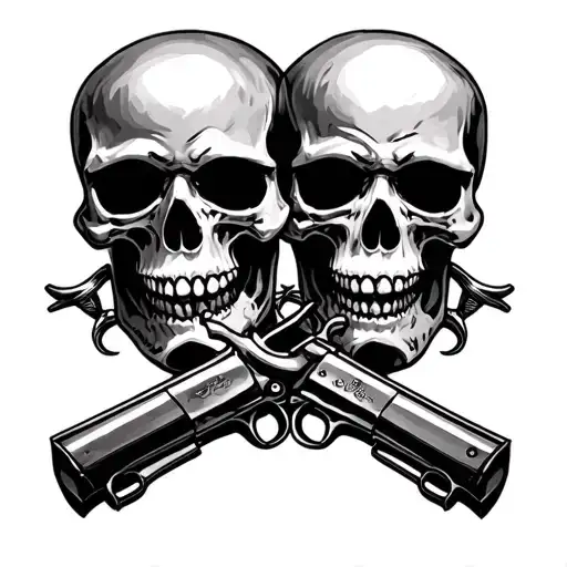 2 skulls with crossed revolvers in mouths tattoo design idea