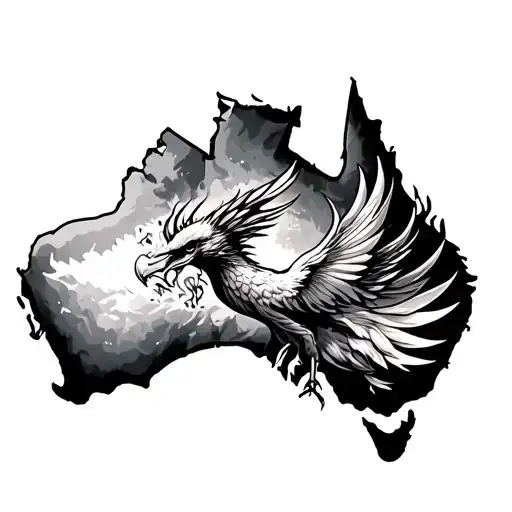 A symbolic tattoo of Australia’s map on the upper or mid-back, merging with the essence of a rising angry phoenix. tattoo design idea