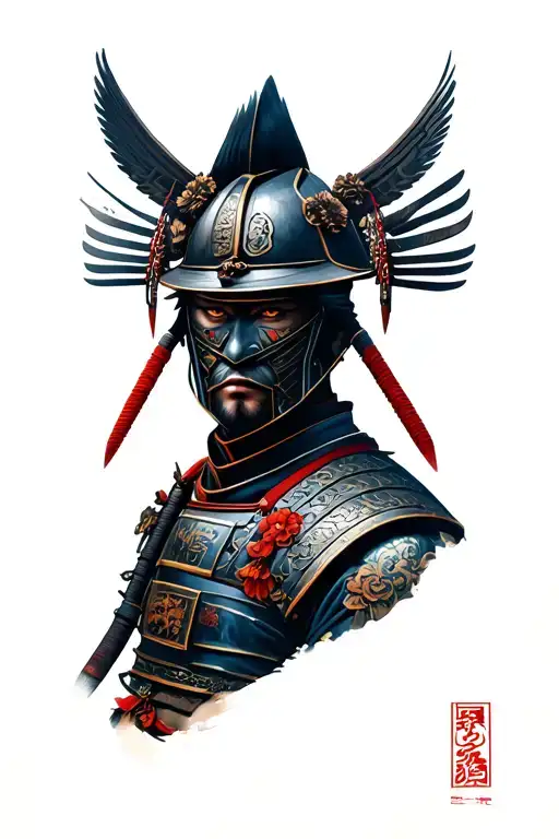 A surreal, full-back tattoo design of a cold-faced samurai warrior with intense eyes, wearing a traditional kabuto helme tattoo design idea
