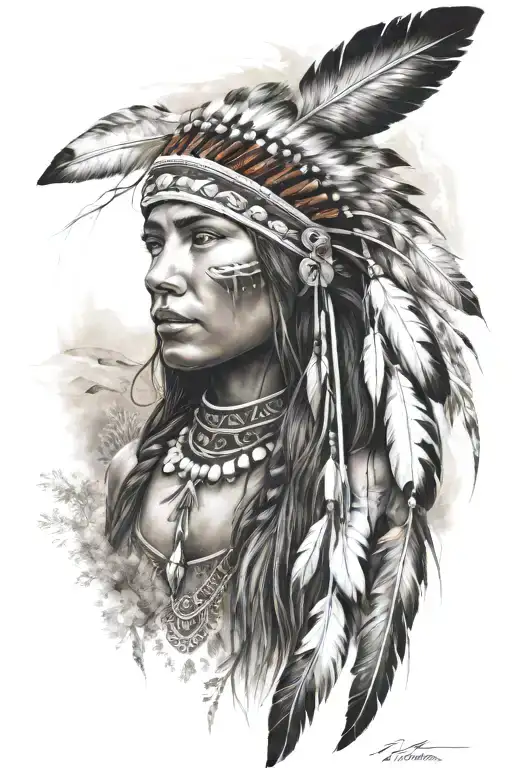 young adorable native american woman, river, meadow tattoo design idea