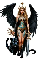 Freya goddess with wings holding sword and black panther tattoo design idea