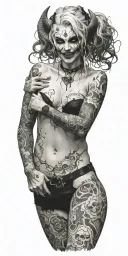 Sexy Pale Girl, petite, big boobs, wide hips, G-String. Messy hair, demonic horns, sexual. Seductive smile. Full Body tattoo design idea