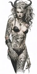 Sexy Pale Girl, petite, big boobs, wide hips, G-String. Messy hair, demonic horns, sexual. Seductive smile. Full Body tattoo design idea