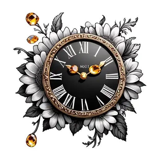 Roman clock 9:01 PM with chrysanthemum flowers and citrine birthstones tattoo design idea