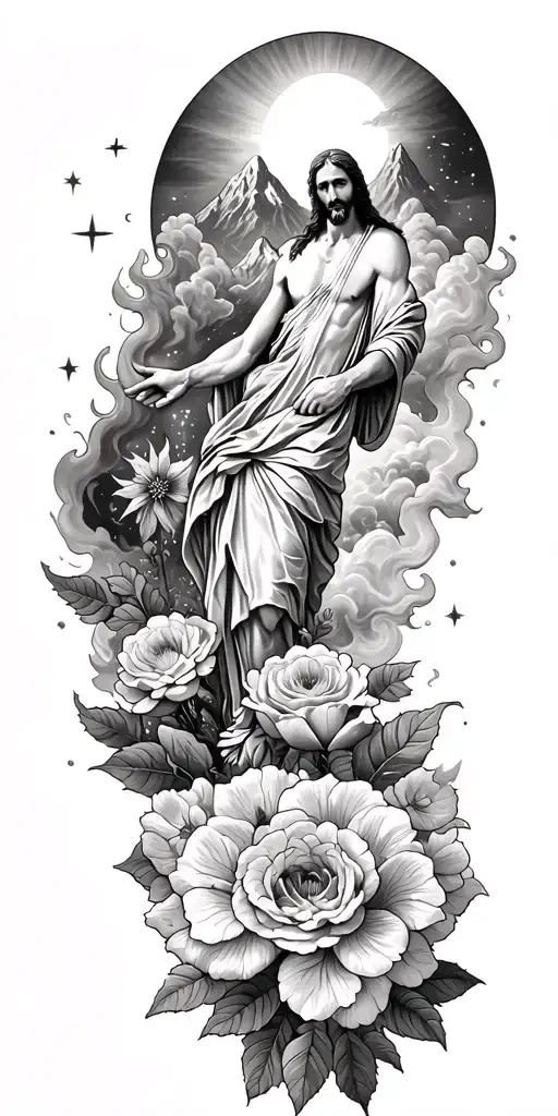 Jesus Christ's resurrection, different types of flowers, Trees, clouds of fire, nature, stars, mountains, strength tattoo design idea