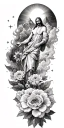 Jesus Christ's resurrection, different types of flowers, Trees, clouds of fire, nature, stars, mountains, strength tattoo design idea