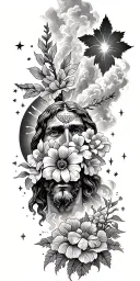 Jesus Christ's resurrection, different types of flowers, Trees, clouds of fire, nature, stars, mountains, strength tattoo design idea