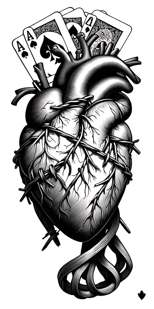 human heart tied in barbed wire wrapped around it, ace of spades card tucked in the barbed wire, western, cowboy tattoo design idea