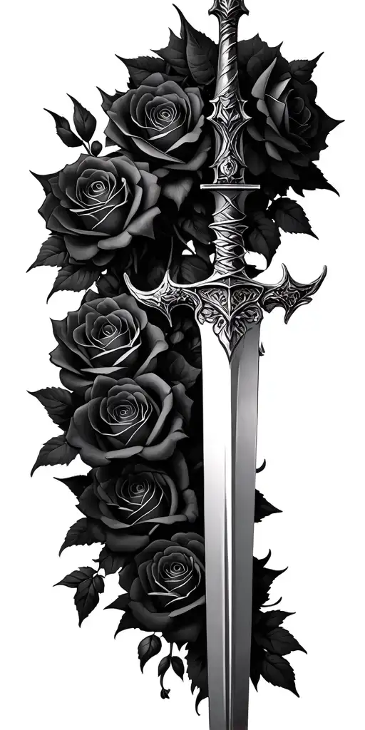 Spiky Thorned sword surrounded by blooming roses that dont touch the sword tattoo design idea