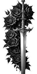 Spiky Thorned sword surrounded by blooming roses that dont touch the sword tattoo design idea