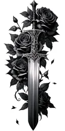 Spiky Thorned sword surrounded by blooming roses that dont touch the sword tattoo design idea