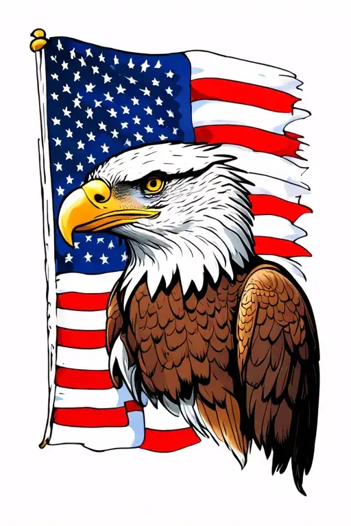 American bald eagle head facing left with American flag behind it tattoo design idea