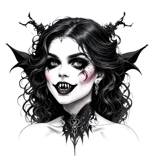 Beautiful Gothic vampire women with fangs showing teeth tattoo design idea