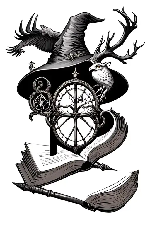 Hogwarts Castle, Deathly Hallows symbol, Time Turner, Hedwig, The Sorting Hat, open book, wand, Snitch, Phoenix, stag tattoo design idea