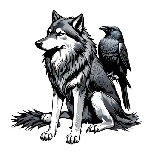 Celtic wolf sitting and raven perched tattoo design idea