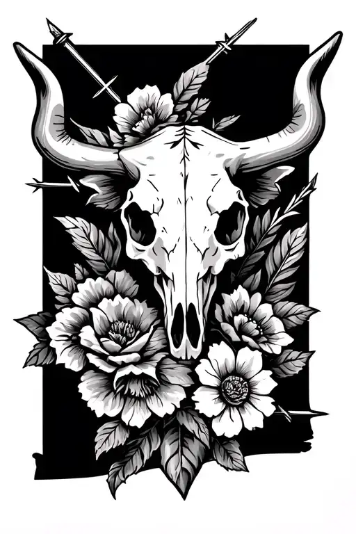 western spine tattoo design with, cow skull, flowers, arrow, barbed wire, traditional  tattoo design idea