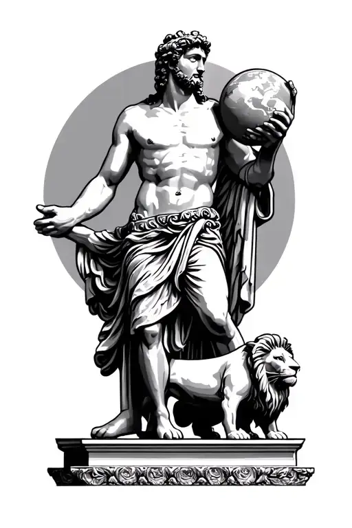 greek god holding world on shoulders with lion statue on  bottom  tattoo design idea