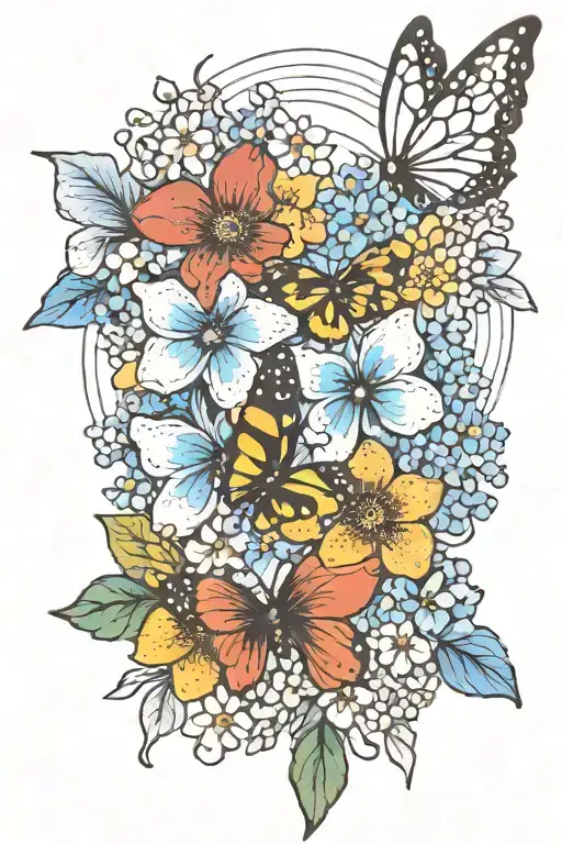 forget me not flowers with rainbow and butterflies tattoo design idea