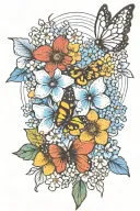 forget me not flowers with rainbow and butterflies tattoo design idea