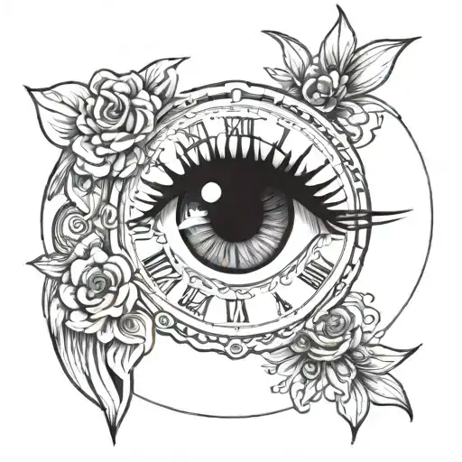 clock time and eye girl tattoo design idea