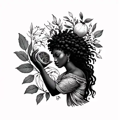afrocentric persephone reaching for the pomegranet tattoo design idea