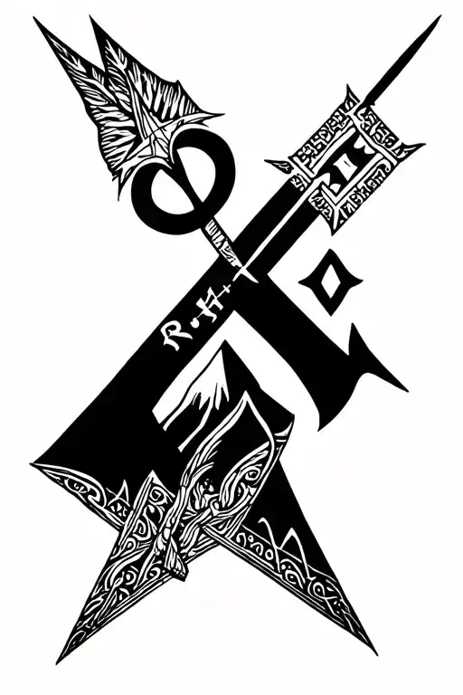 Arrow with mountain and Runes Viking Symbols tattoo design idea
