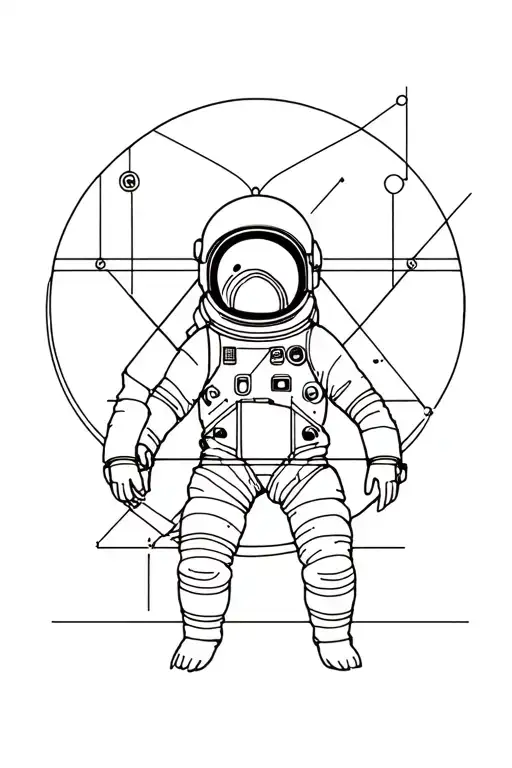minimalist contemporary with astronaut, fine line sacred geometry, partially hidden LSD molecule tattoo design idea
