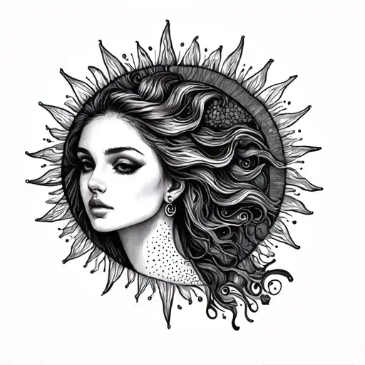 A sophisticated charcoal sketch and dot work tattoo design for a woman's leg. A serene, beautiful female sun face and an tattoo design idea