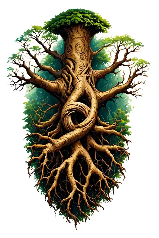 tree root knot in center of arm, tree roots spreading out and up arm tattoo design idea
