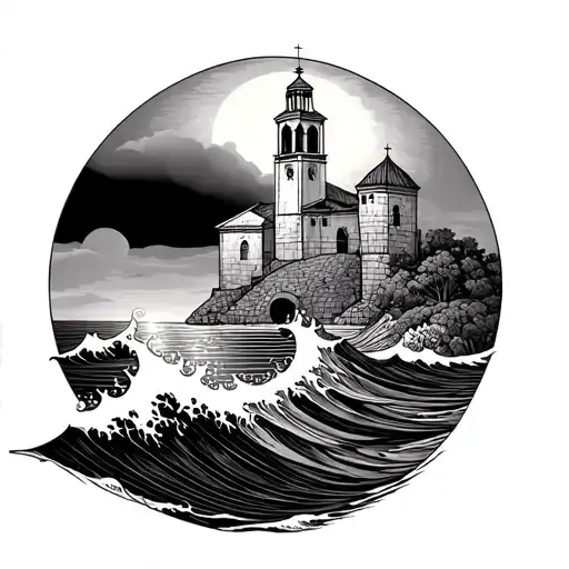 wave and sun and bell tower of the church of Collioure tattoo design idea