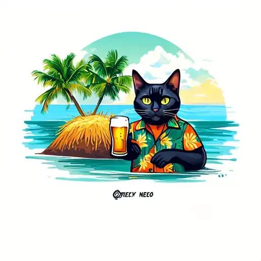 a black cat wearing a Hawaiian shirt in front of an island holding a beer in Hay tattoo design idea