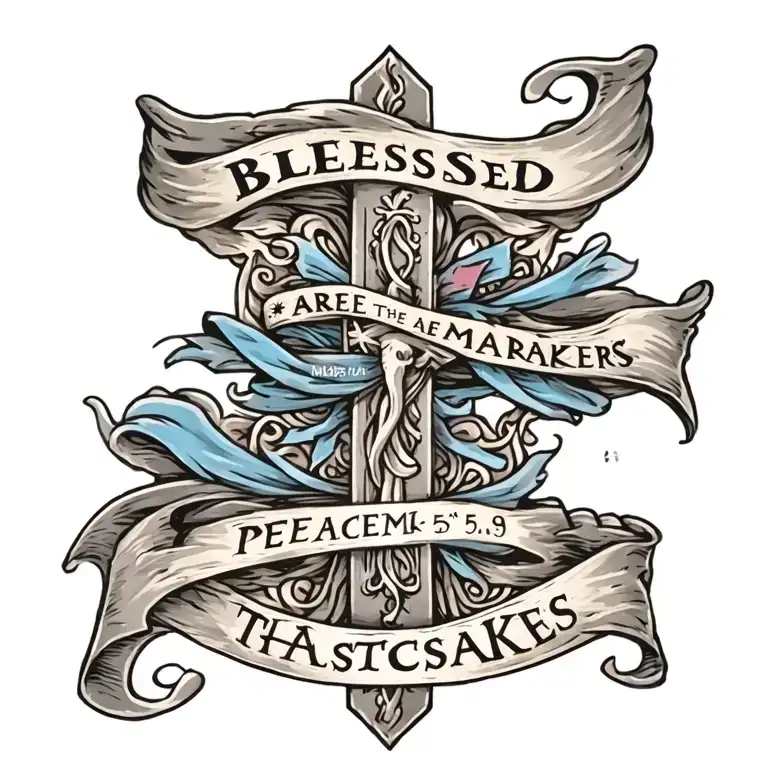 Cross with ""Blessed are the peacemakers" written on a draped blue sash.  Mat 5:9 written underneath tattoo design idea