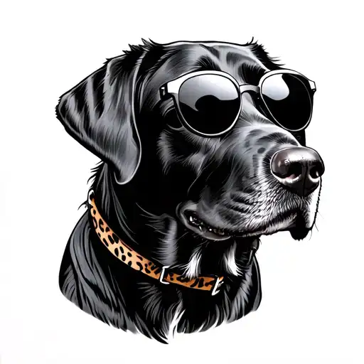A tattoo design of a black Labrador wearing sunglasses and a leopard print collar, enjoying a sunny day at the beach tattoo design idea