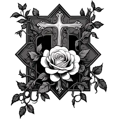 fancy cross with a rose in the middle and vines wrapped around the cross  tattoo design idea