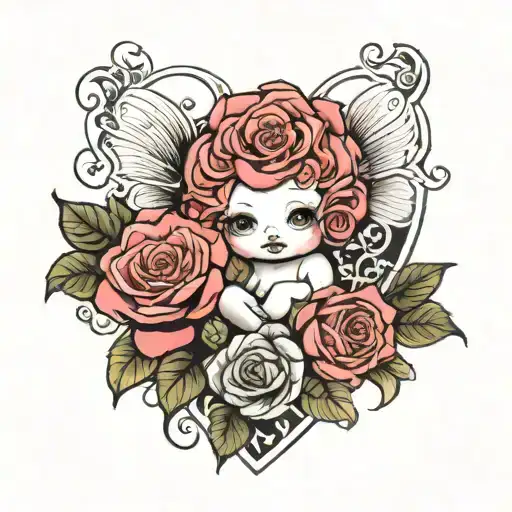 roses and kewpie doll tattoo design idea